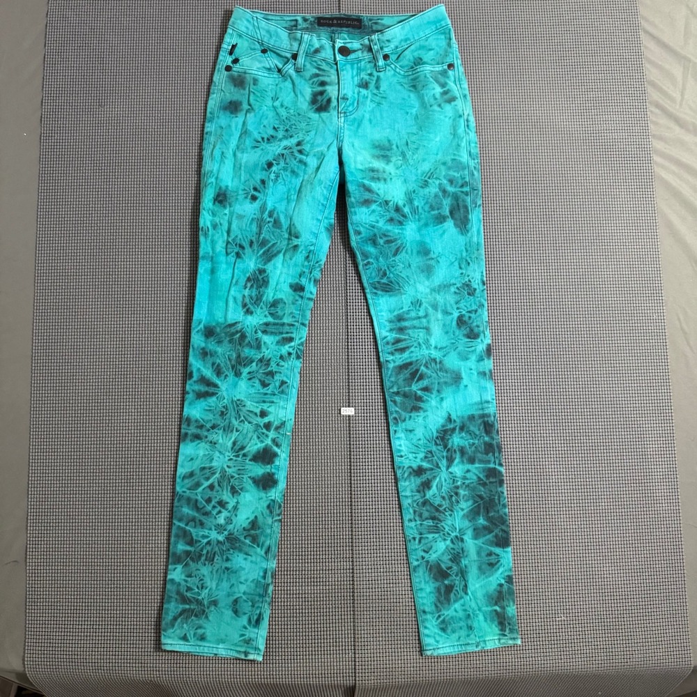 Rock & Republic Berlin Women Teal Black Tie Dye Skinny Jeans Size 6 M R010181